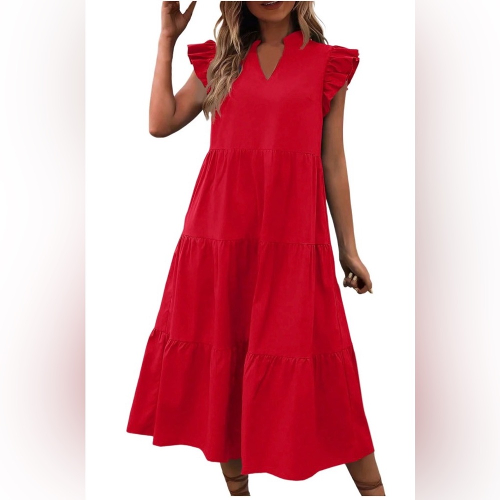 OSOLU Solid Color V-Neck Short Sleeve Casual Loose Long Dress Red Medium